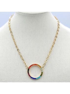 Rainbow Multicolor Circle Pendant Goldtone Necklace #2120